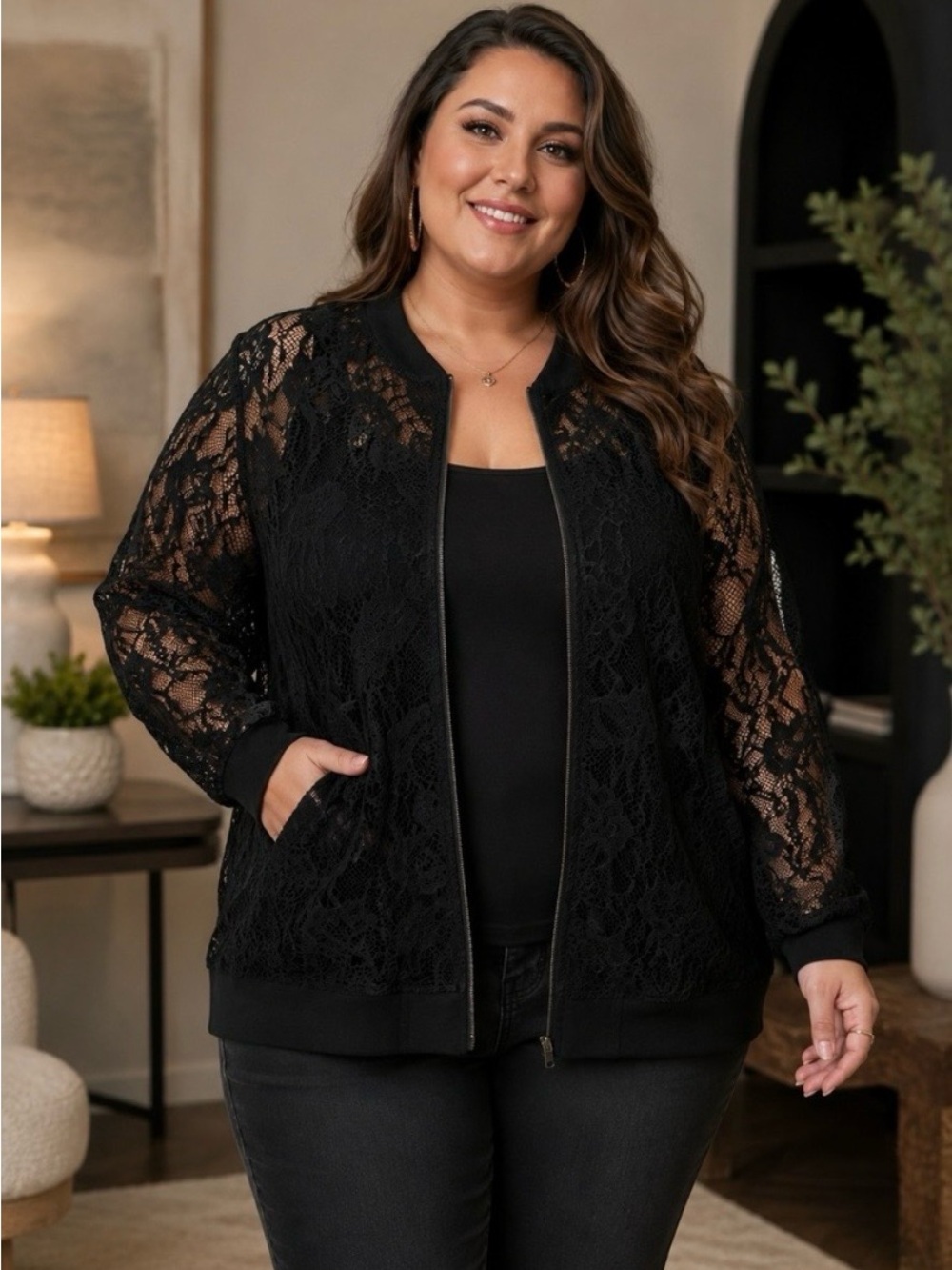 Standards & Practices Sheer Black Lace Zip Bomber Jacket Size 3X